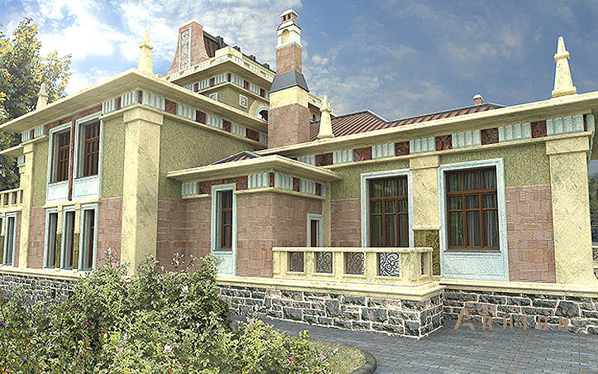 4. Проект двухэтажного дома в замковом стиле с многоскатной кровлей, SOV-2, площадью - 921 кв c цокольным этажом, терассой, балконом